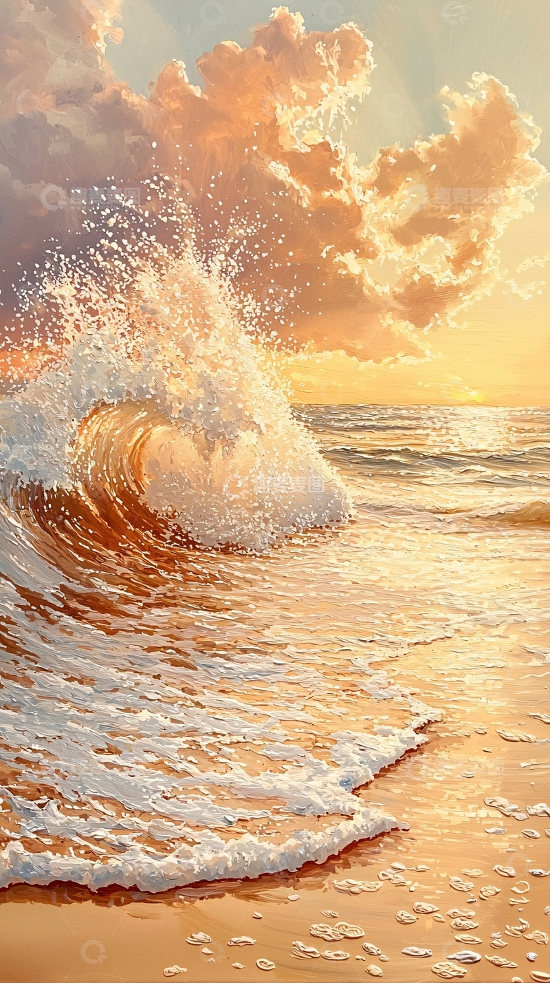 高清大图下载【趣麦麦图】金色海浪在夕阳下翻滚