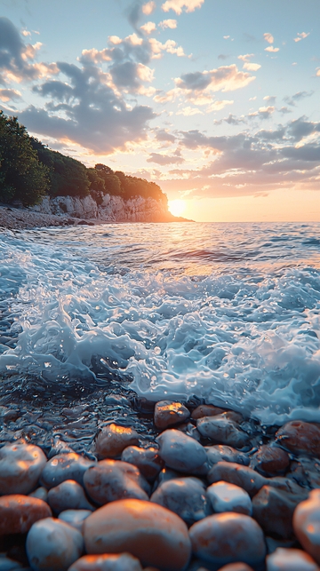 海边日落浪花礁石