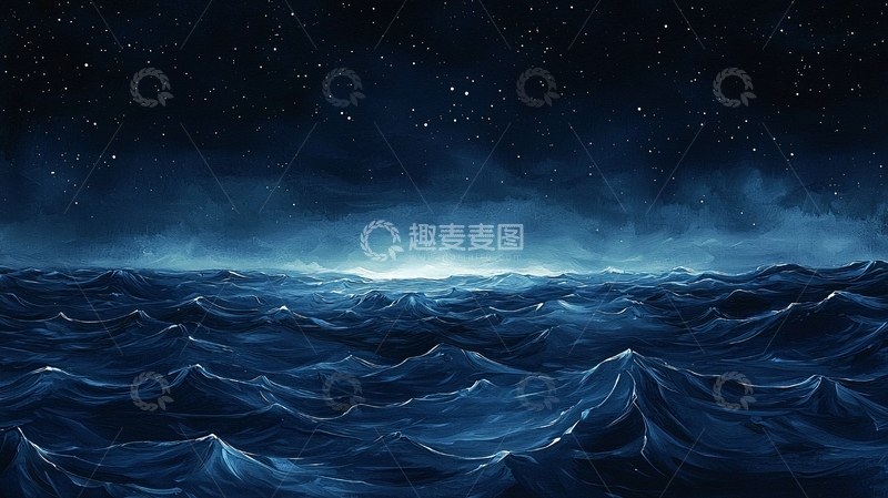 高清大图下载【趣麦麦图】深蓝色星空下波涛汹涌的海面