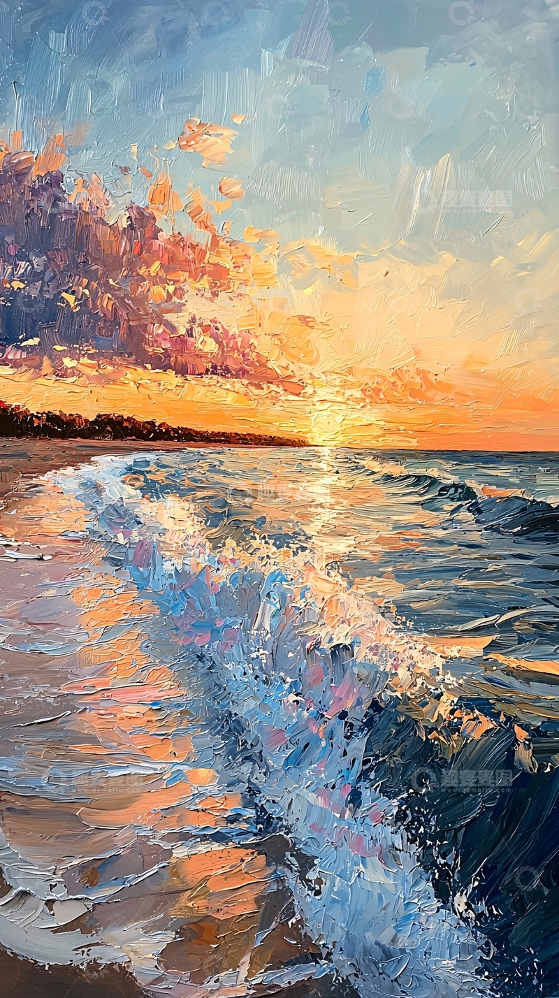 高清大图下载【趣麦麦图】海边日落油画风格