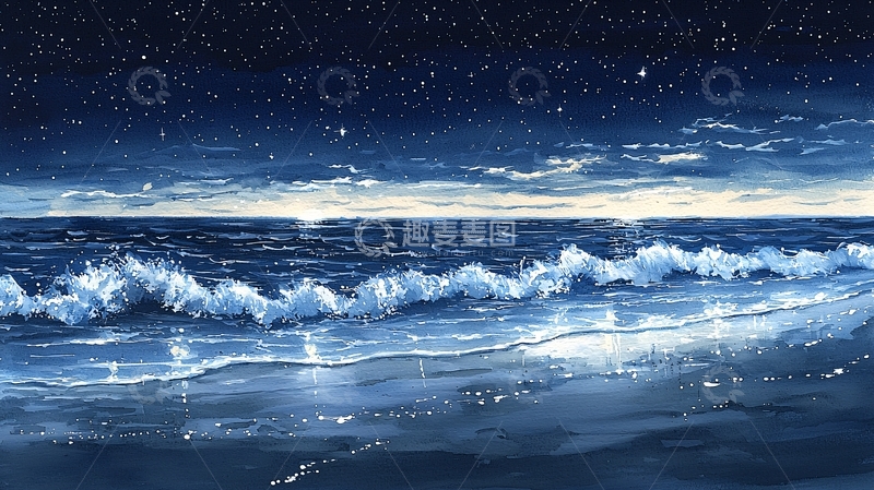高清大图下载【趣麦麦图】星空下波光粼粼的蓝色海面