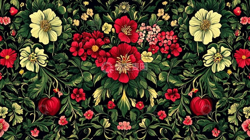 高清大图下载【趣麦麦图】花卉繁复的黑色背景图案