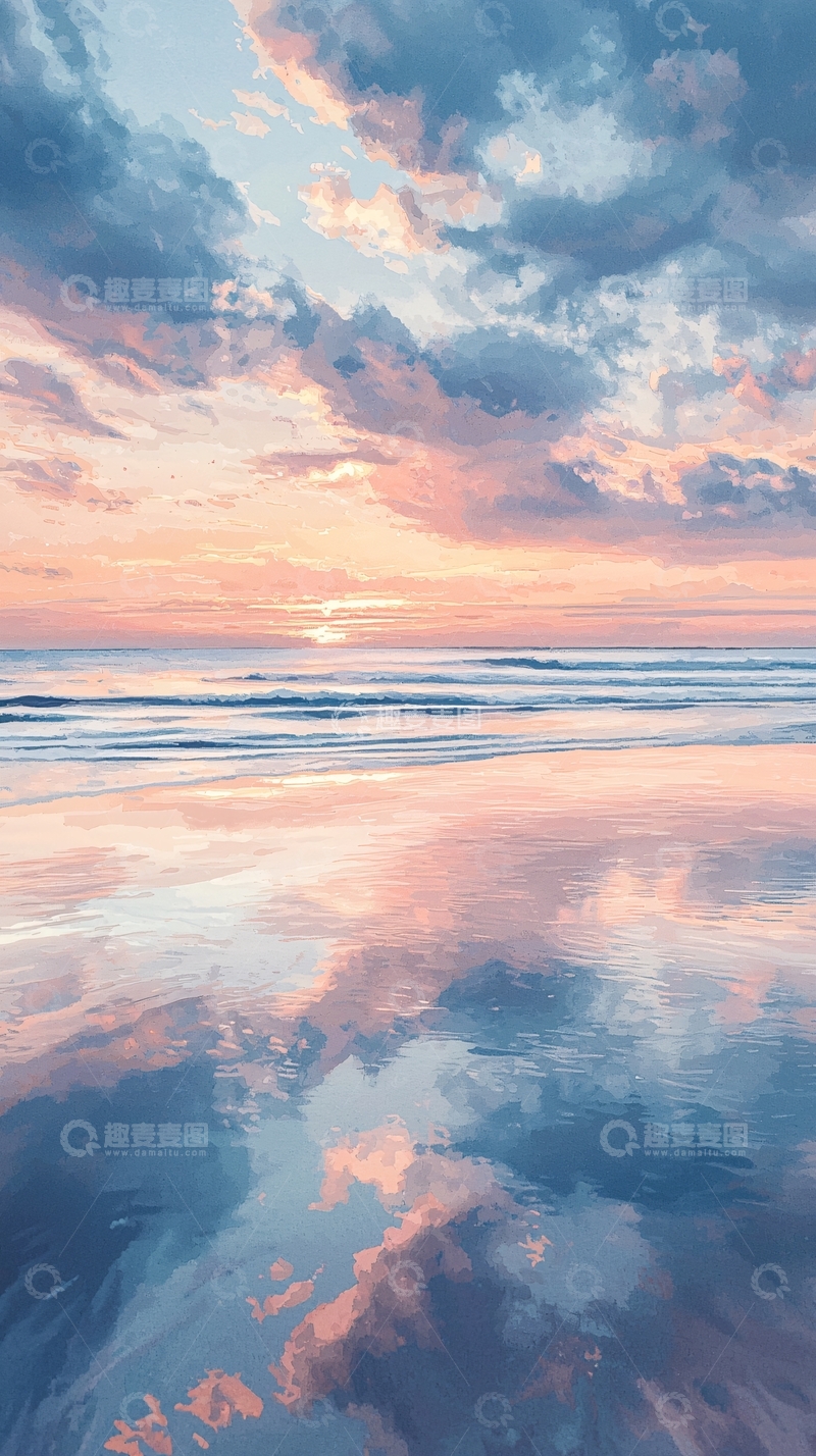 高清大图下载【趣麦麦图】粉色天空映照海面