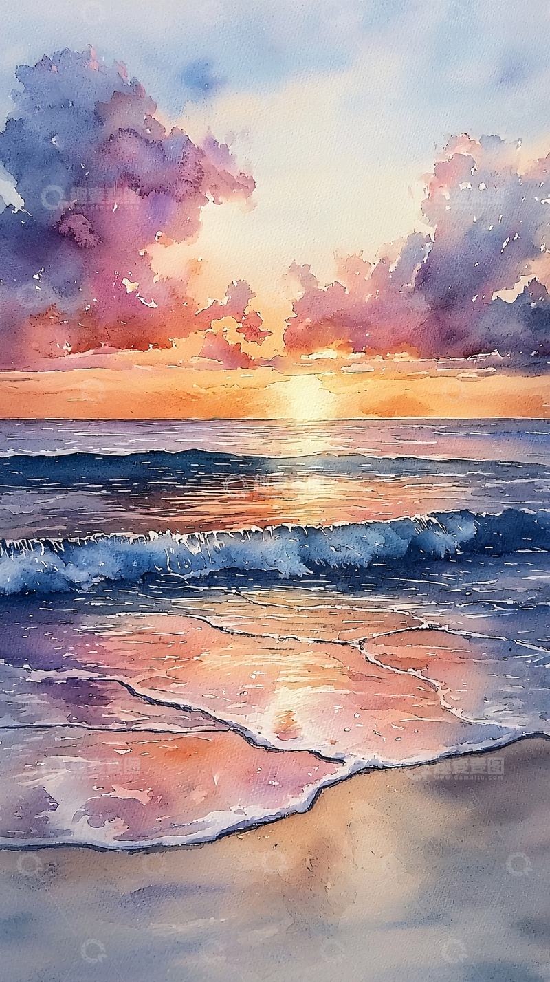 高清大图下载【趣麦麦图】水彩日落海景