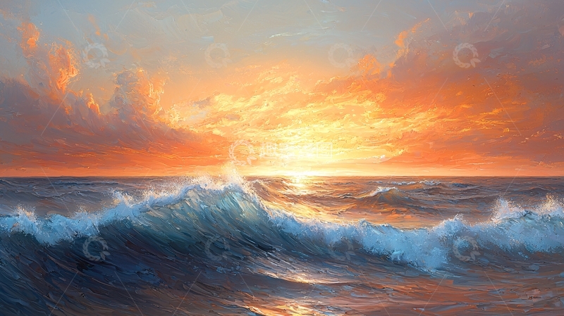 高清大图下载【趣麦麦图】海边日落波光粼粼的油画