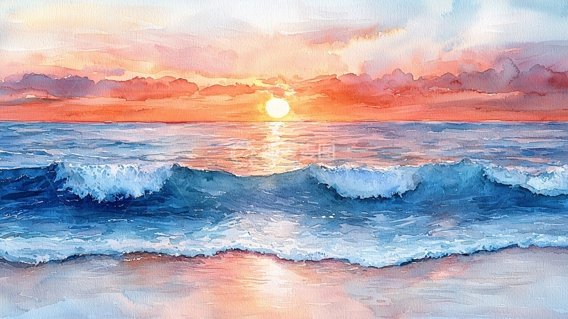 高清大图下载【趣麦麦图】海面日出水彩画