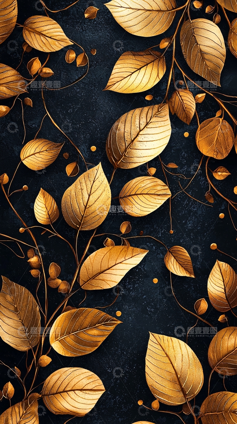 高清大图下载【趣麦麦图】金色树叶深蓝底纹