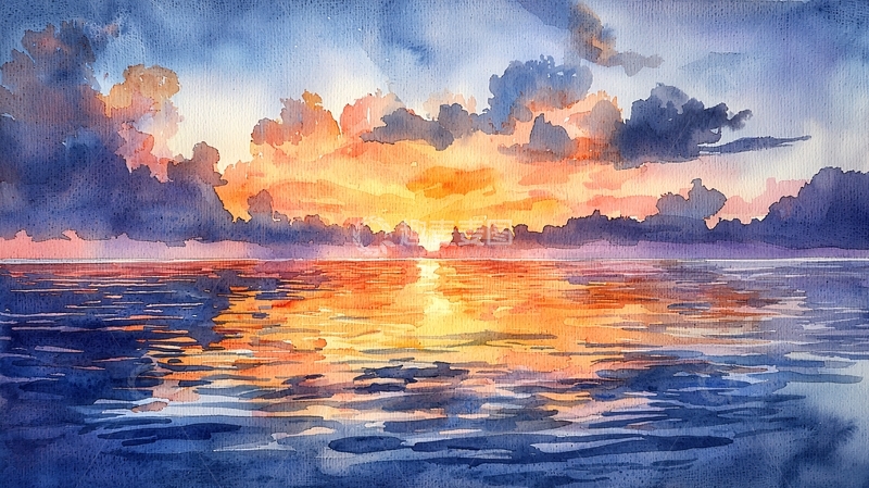 高清大图下载【趣麦麦图】水彩风格的日落海景