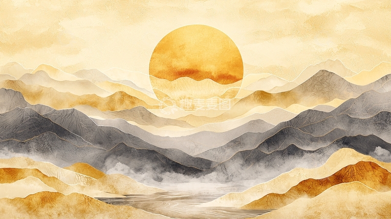 高清大图下载【趣麦麦图】山水画风格的日出风景