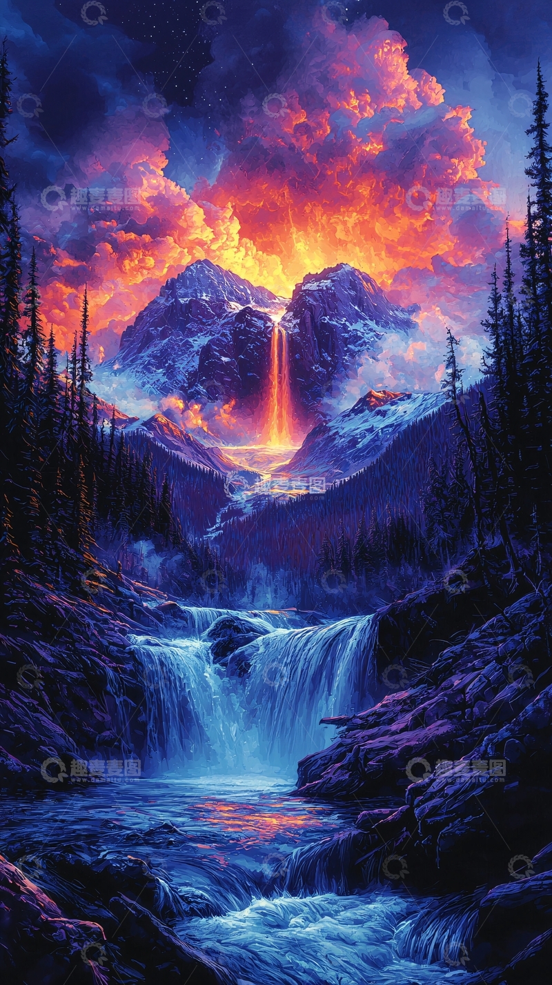 高清大图下载【趣麦麦图】壮丽山水夜景瀑布如火