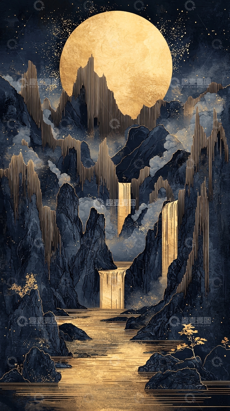 高清大图下载【趣麦麦图】金色月亮下的瀑布山水