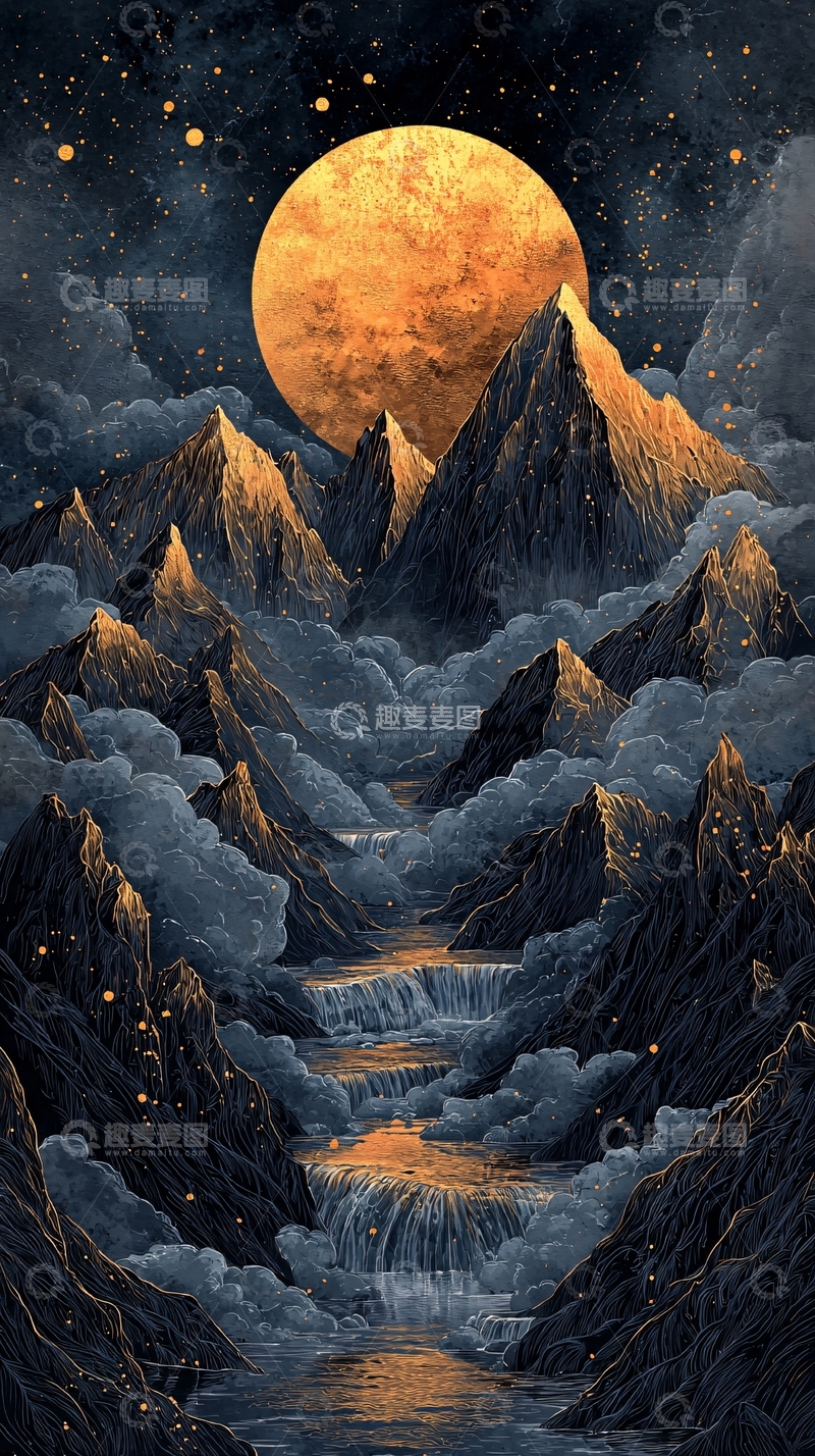 高清大图下载【趣麦麦图】金色月亮下的山峰云海
