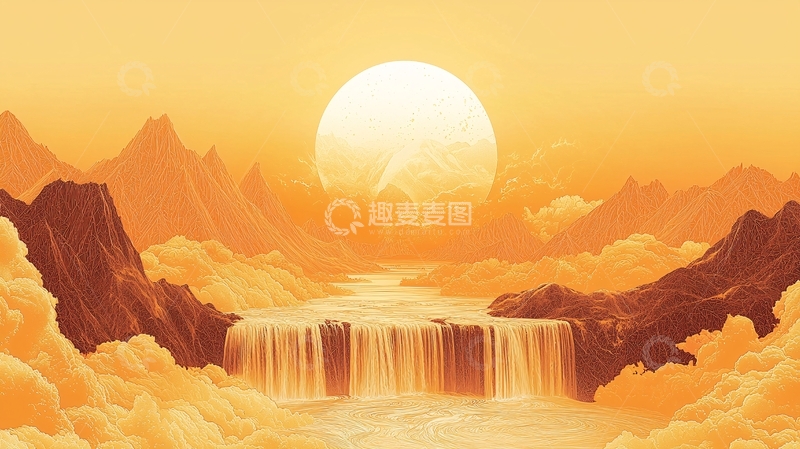 高清大图下载【趣麦麦图】金色山脉瀑布夕阳