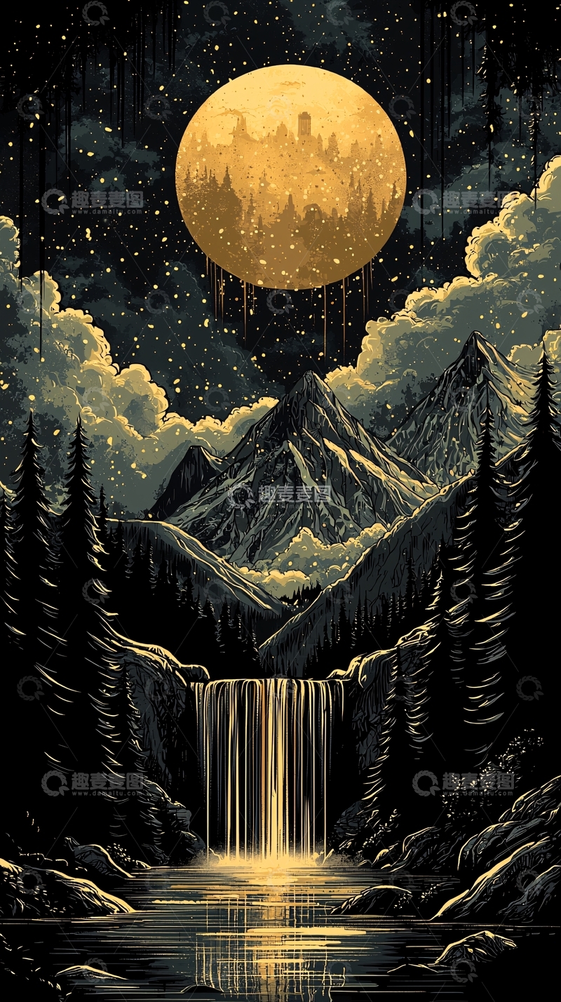高清大图下载【趣麦麦图】金色月亮下的瀑布山景