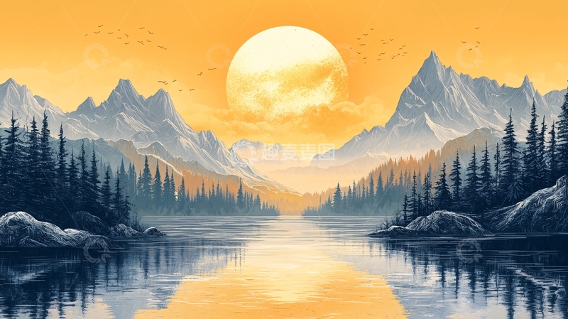 高清大图下载【趣麦麦图】宁静湖面山脉日落美景