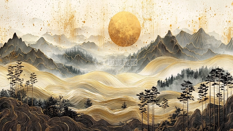 高清大图下载【趣麦麦图】水墨山水金色太阳意境图