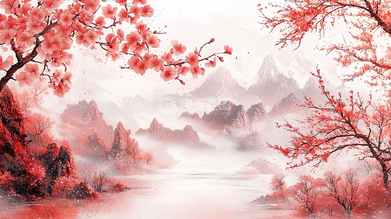 高清大图下载【趣麦麦图】水墨风格桃花山水画