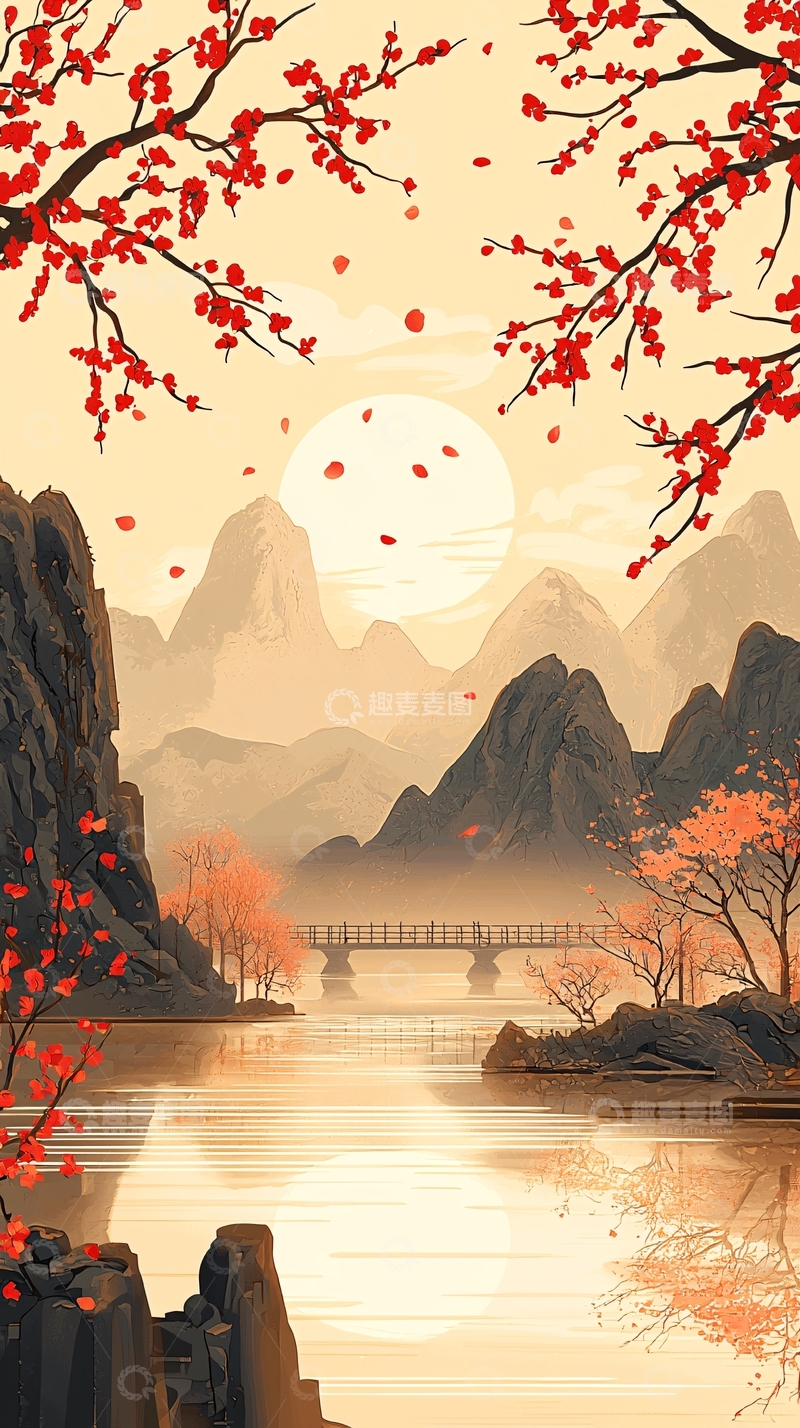 高清大图下载【趣麦麦图】红色花朵下的山水意境