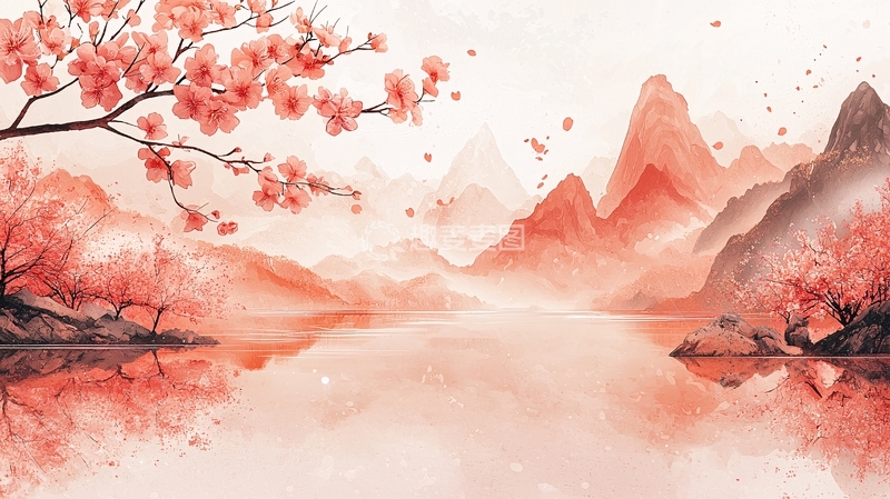 高清大图下载【趣麦麦图】水墨风樱花山水唯美意境