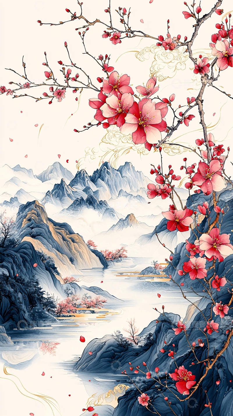 高清大图下载【趣麦麦图】粉色梅花山水意境