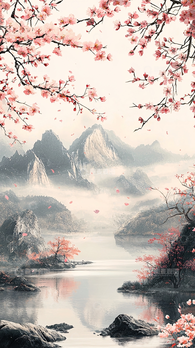 高清大图下载【趣麦麦图】粉色樱花下的山水景色