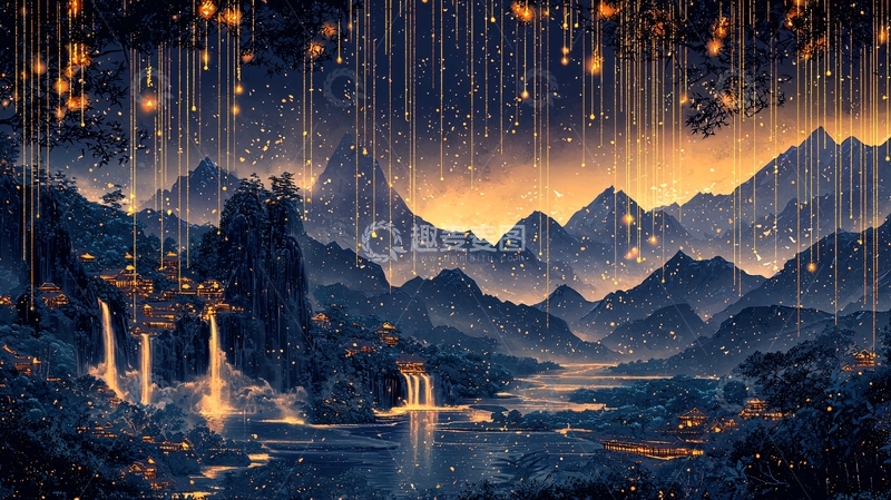 高清大图下载【趣麦麦图】梦幻山水金色光瀑
