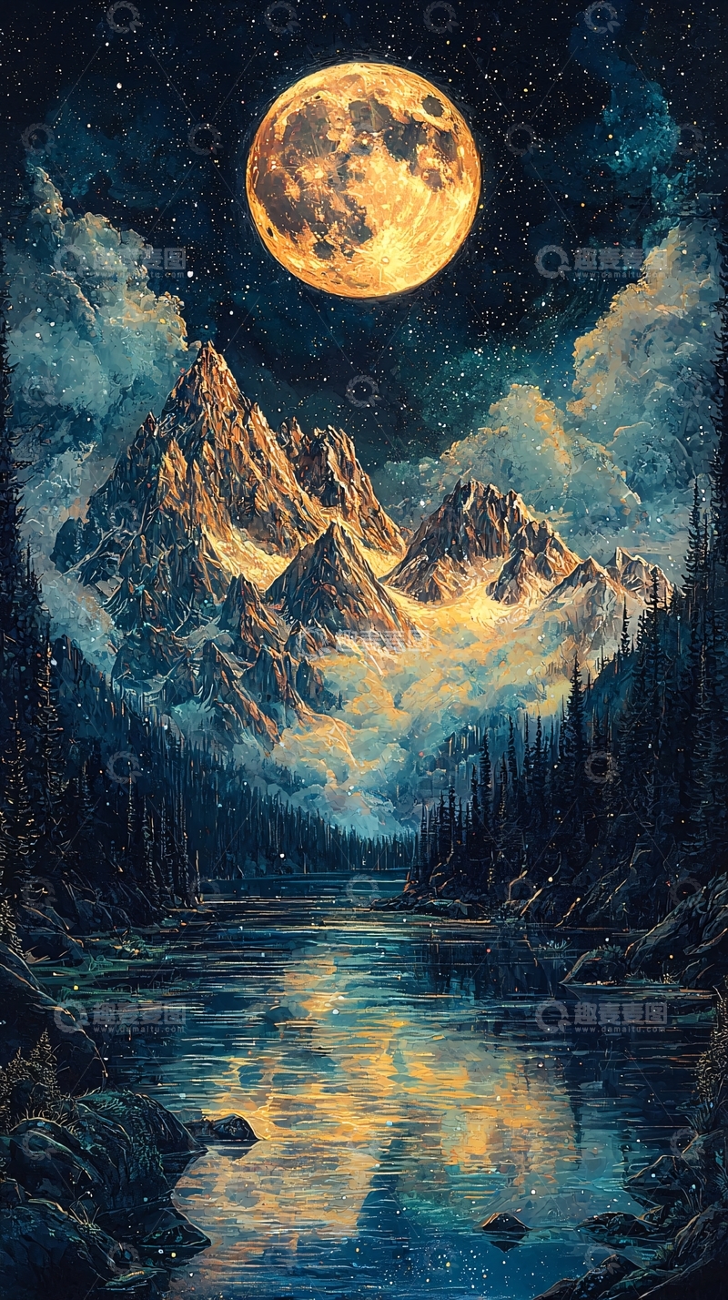 高清大图下载【趣麦麦图】月光下的山河静谧油画风