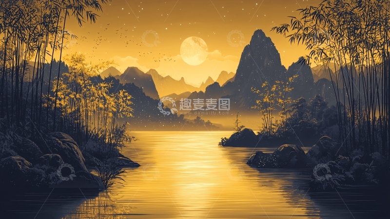 高清大图下载【趣麦麦图】宁静的山水月夜