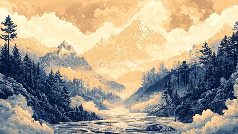 高清大图下载【趣麦麦图】水彩山脉河流树木