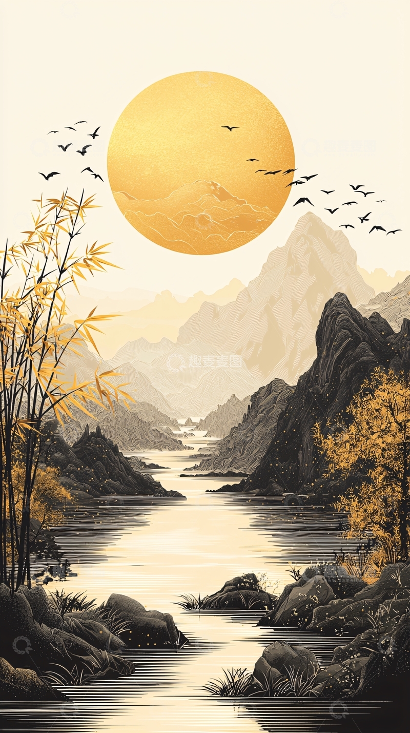 高清大图下载【趣麦麦图】-金色太阳下的山水画