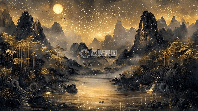 高清大图下载【趣麦麦图】金色月光下的山水画