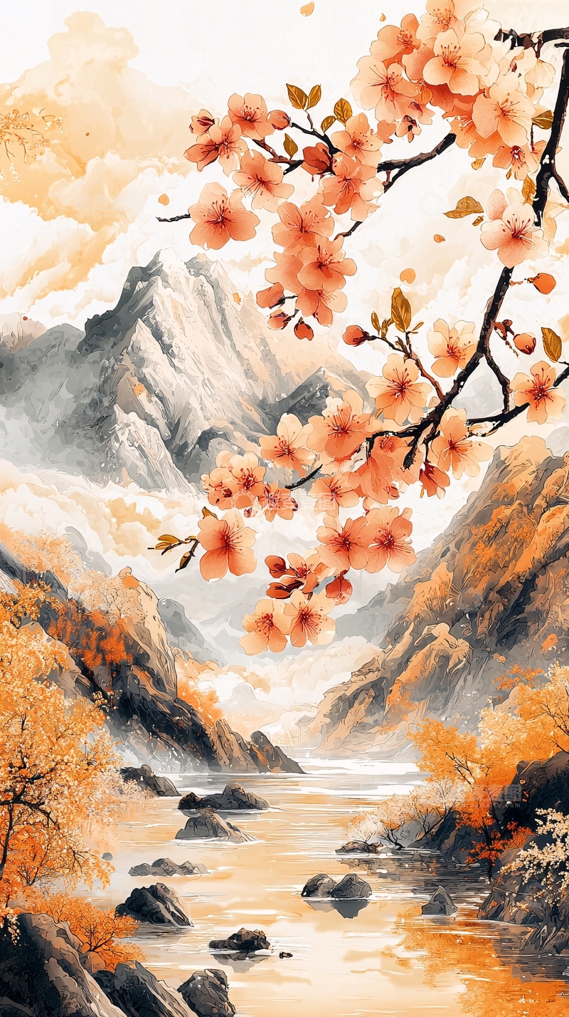 高清大图下载【趣麦麦图】水墨风山水桃花
