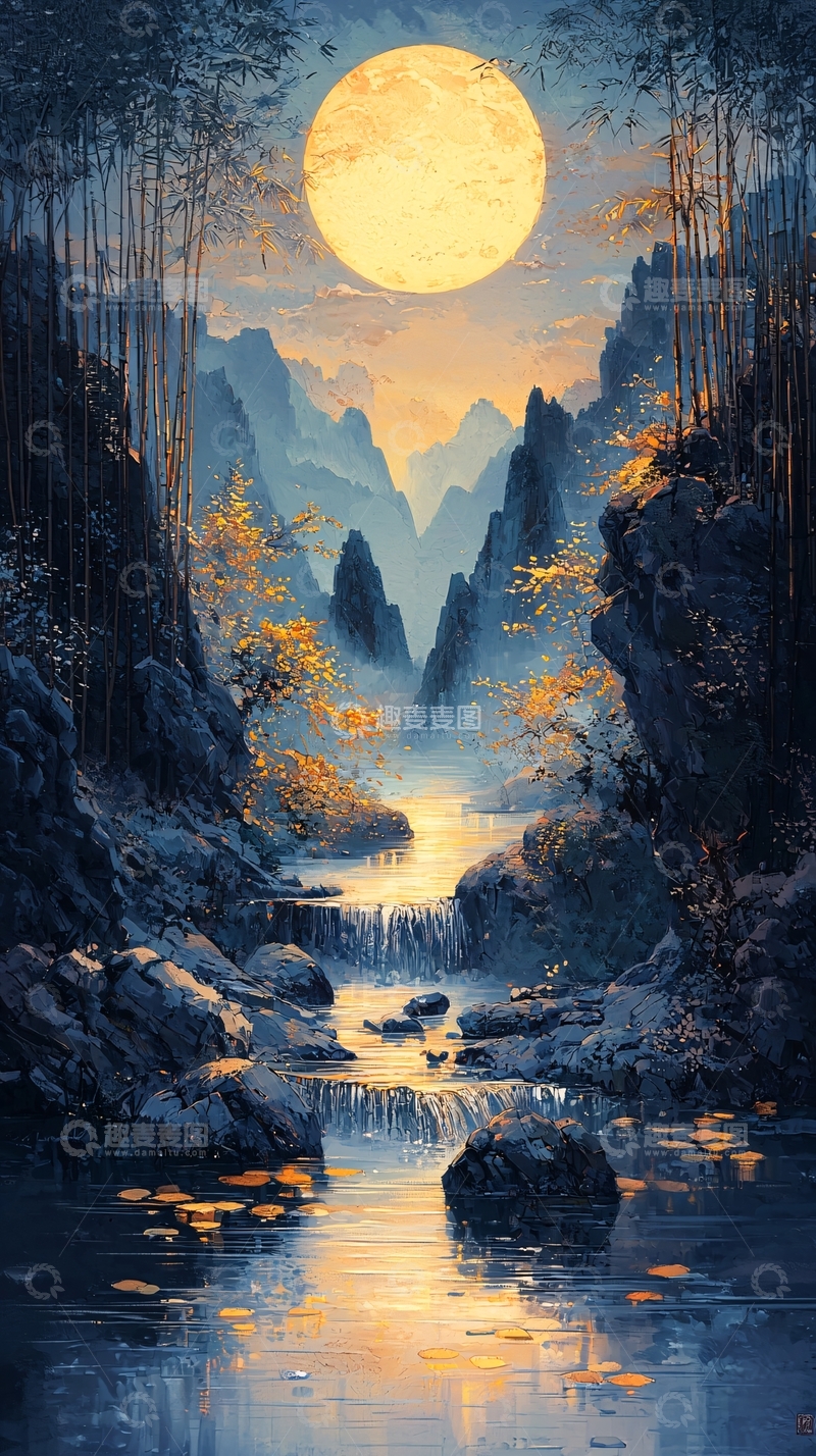 高清大图下载【趣麦麦图】月夜山水画高清图片