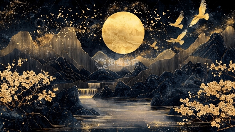 高清大图下载【趣麦麦图】水墨山水月亮飞鸟花