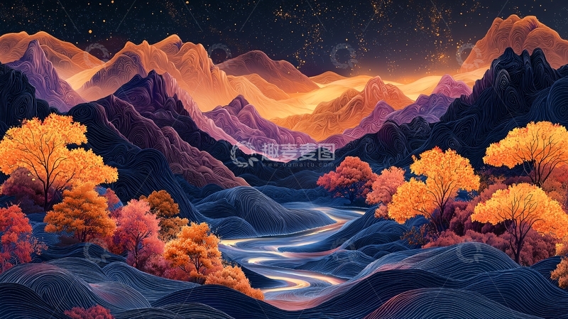 高清大图下载【趣麦麦图】秋色山水画风