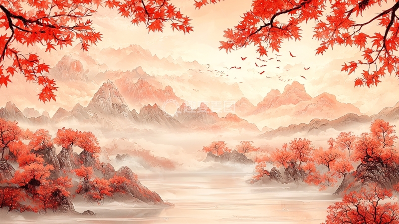 高清大图下载【趣麦麦图】红色秋景山水画