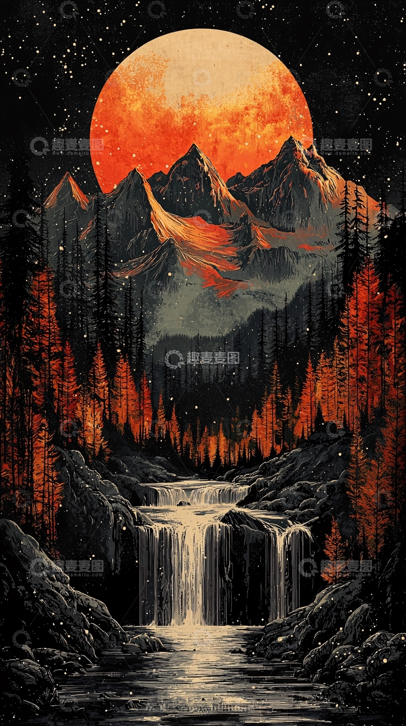 高清大图下载【趣麦麦图】血月下的山川森林河流