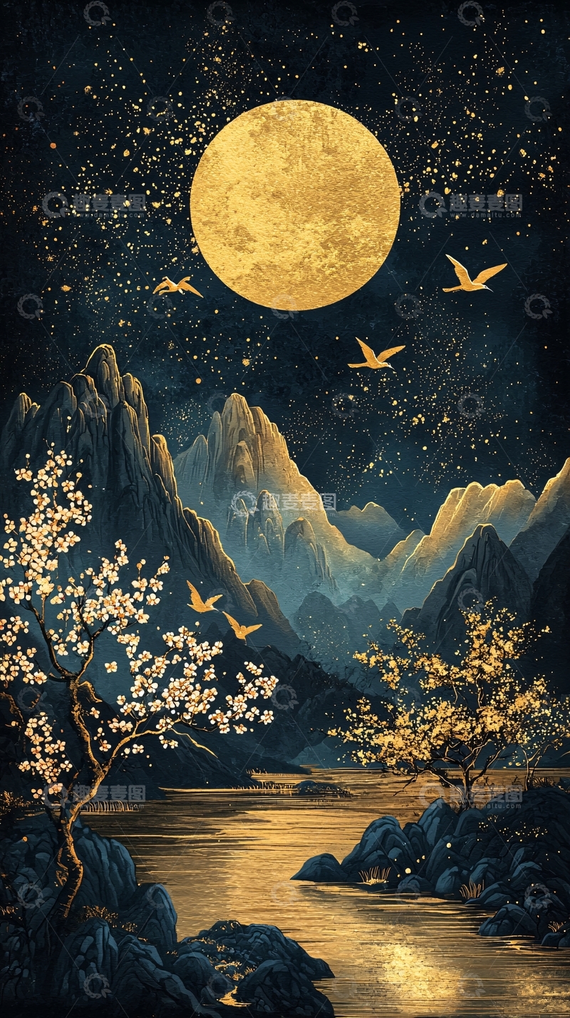 高清大图下载【趣麦麦图】金色月亮与山水树木
