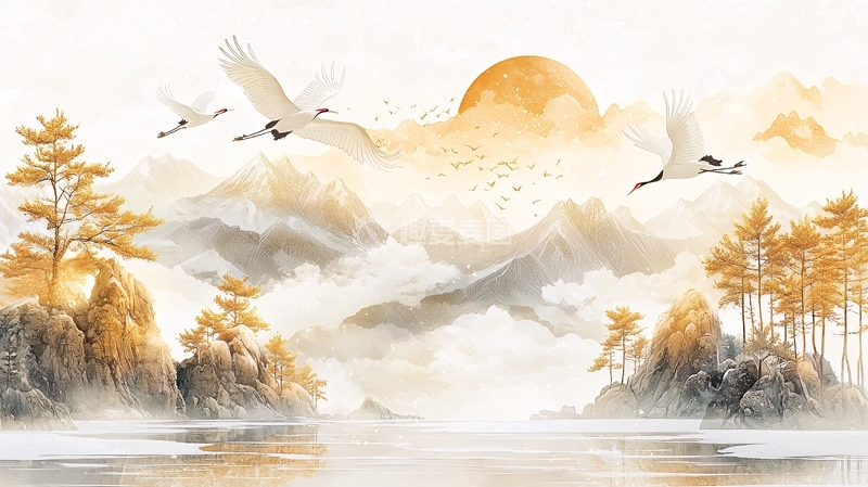 高清大图下载【趣麦麦图】水墨山水鹤群日出