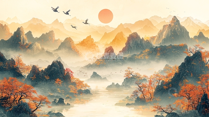 高清大图下载【趣麦麦图】水墨山水日出飞鸟