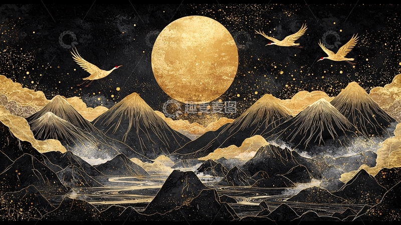高清大图下载【趣麦麦图】-金色月亮和飞鸟的山水画