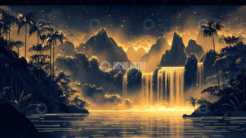 高清大图下载【趣麦麦图】夜空下的金色瀑布景色