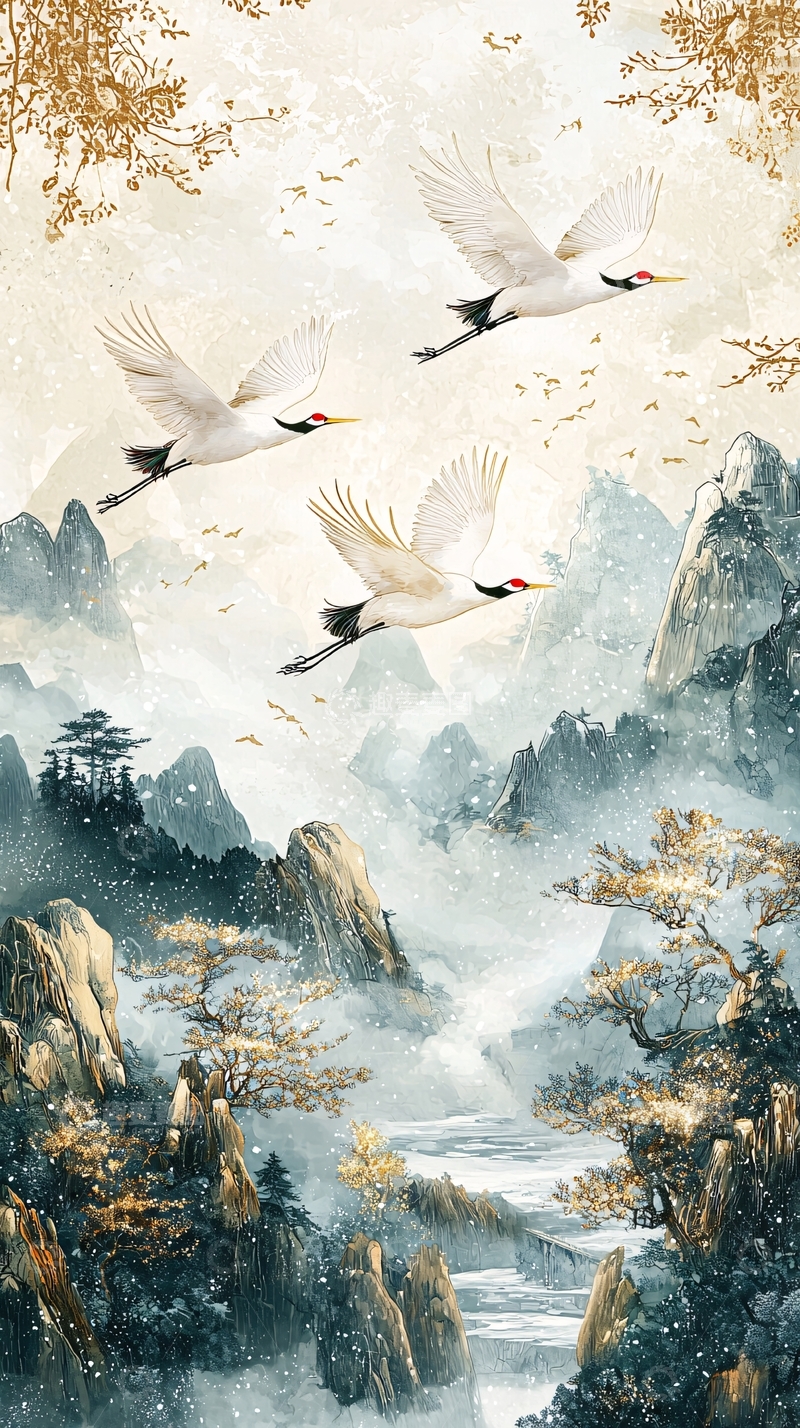 高清大图下载【趣麦麦图】仙鹤飞舞的山水画