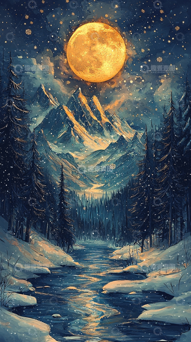 高清大图下载【趣麦麦图】月夜雪山小河唯美画面