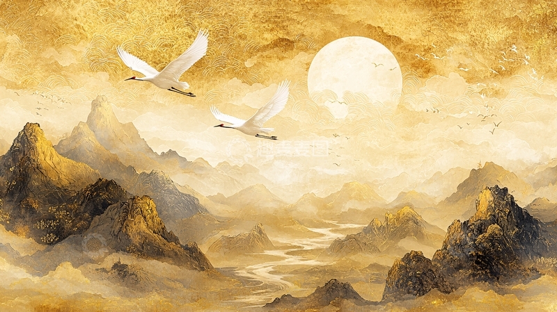 高清大图下载【趣麦麦图】金色山水天鹅图