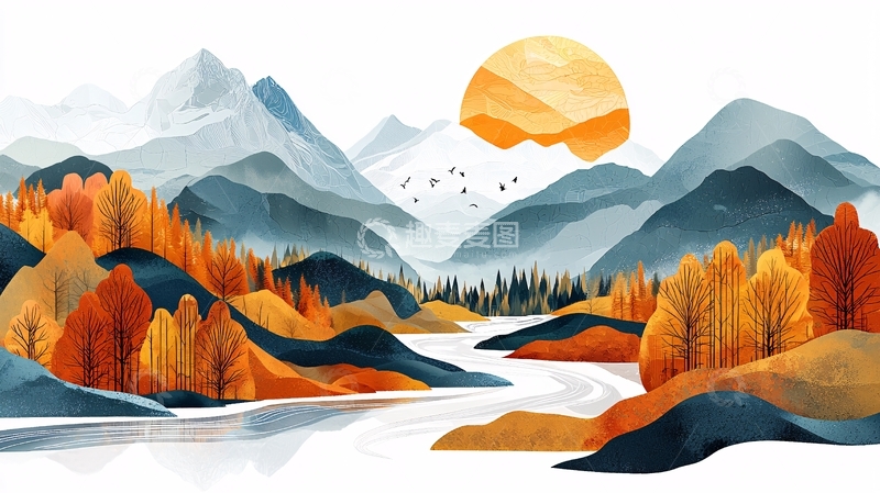 高清大图下载【趣麦麦图】水墨风格的秋日山水画