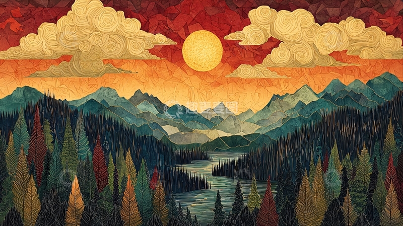 高清大图下载【趣麦麦图】夕阳下的山川森林