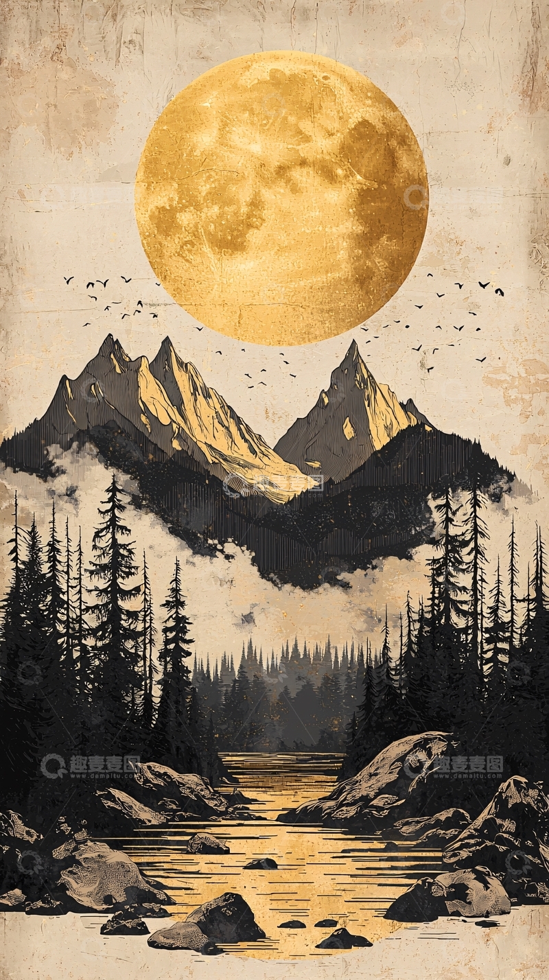 高清大图下载【趣麦麦图】金色月亮下的山水风景画