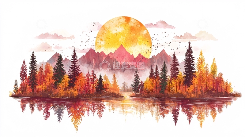 高清大图下载【趣麦麦图】水面倒影秋日森林日落