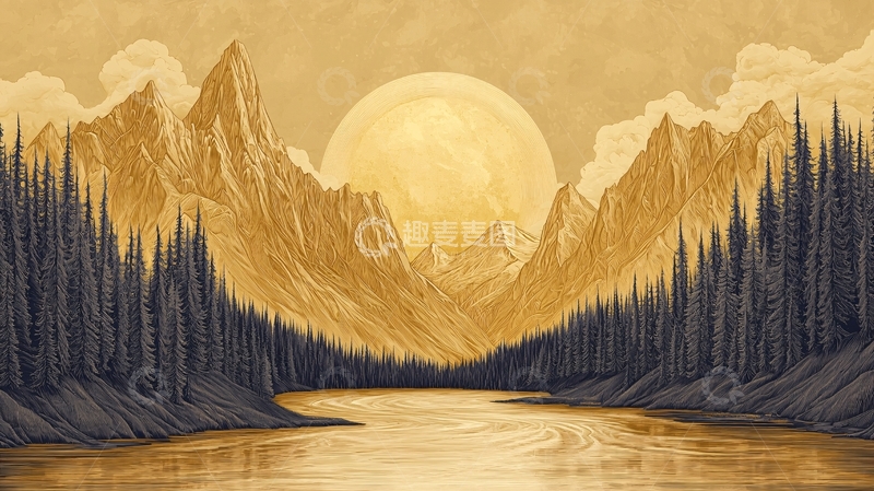 高清大图下载【趣麦麦图】金色山脉间湖泊的平静黄昏